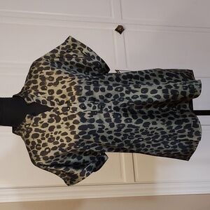Animal Leopard Print Shirt Olive Black Split Neck Short Sleeve Blouse